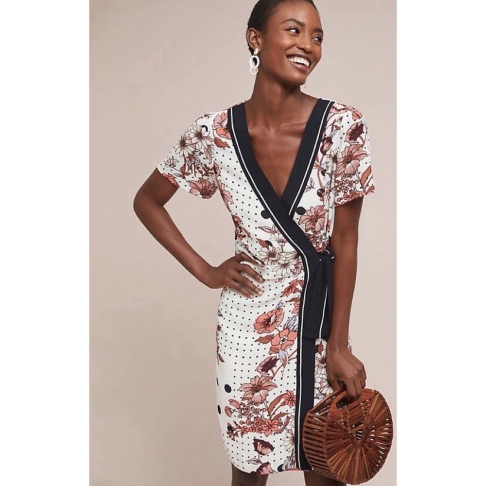 Anthropologie Maeve Aubrey Floral Dot Multi Wrap Dress Retro Cottage Size 0 $158